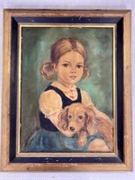 Antique Signed Oil on Canvas Girl w/Dog