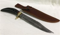Damascene Blade Knife, Inlaid Horn Handle