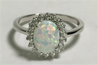 Sterling Silver And Opal Ring With Clear Stones