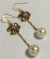 Sterling Silver Amethyst Pearl Dangle Earrings