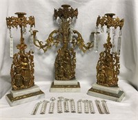 Bronze And Marble Figural 3 Pc. Candle Holder Set