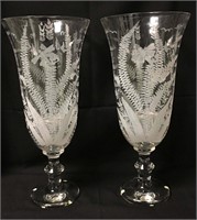 Pair Of Incised Glass Tall Hurricane Lamps