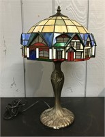 Leaded Glass Parlor Lamp With House Scene Shade