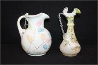 2pc Hand decorated Pitcher & Green Satin hand
