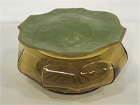 Yellow glass vanity jar w/ green lid