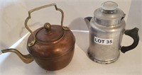 Alum. Pyrex Coffee Percolator Pot & Brass Tea Pot