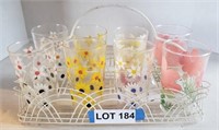 Floral Painted Glasses w/ Metal Carrier