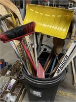 PAIL OF SNOW TOOLS & HANDLES