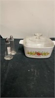 Corning ware dish with salt and pepper shakers