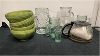 Group of pitchers, bowls, coffee pot coke glasses