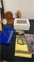 Group of clocks, comic book, best friend box and