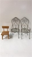 2 vintage Metal doll chairs-and 1 Wooden doll