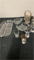 Glass dishes, basket shot glasses