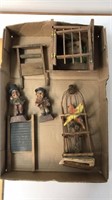 Wooden figures, washer boards, jail and bird cage