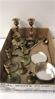Brass candle holders, snuffer, and vintage hand