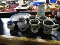 Signed Stoneware Plates Cups and Jars
