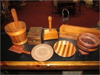 Teak and Various Wooden Plates Bowls Shelf Ect