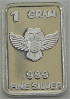 Silver Bar: "Owl", .999 Fine Silver; 1 gram