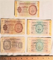 set of 5 ww2 British military banknotes