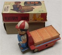 Vintage Tin Windup Clock Work Platform Truck In