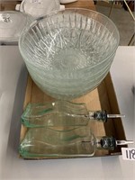 GLASS BOWLS AND OIL/VINEGAR GLASS JARS