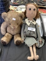 Vintage cloth doll, teddy bear.