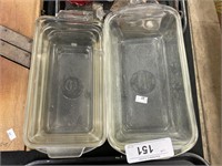 Seven glass loaf dishes, Pyrex, FK, Glasbake.