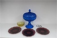 Lot of Colored Glass - Covered Candy Dish & More