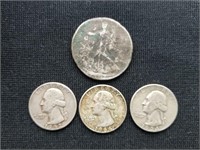 Silver Liberty Half Dollar & 3 Washington Quarters