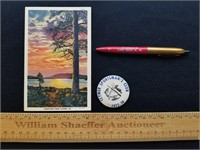 Clymer PA Post Card, Pen & Sportsman Club Pin