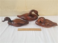 3 Vintage Carved Wooden Ducks Signed
