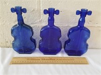 3 Cobalt Blue Violin Bottles 8" H 1 Lot