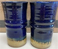 2 BLUE 6" TUMBLERS HAND MADE POTTERY SIGNED