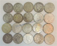 Bag of 20 silver dollars, 11 Morgan, 9 Peace