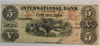 1858 $5 International Bank of Canada note