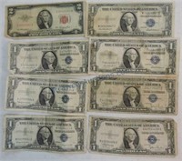7 - $1 silver certificates and 1 - 1953
