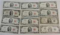 10 - $2 red seal notes, 1957 $1 silver