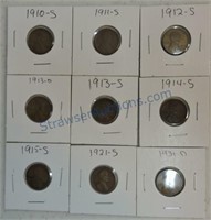 Lot of 9 early Lincoln cents 1910-S, 1911-S,