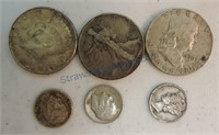 Lot of 3 silver halves and 3 silver dimes