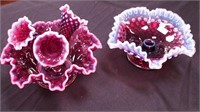 Two cranberry hobnail opalescent epergnes:
