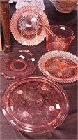 Six pieces pink Depression glass: