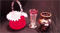 Three items: red and white cased 9 1/2" basket;