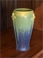 7" Blue vase w/molded flower buds, Door pottery