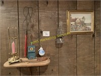 Oil Lamp, Picture and Frame, Rug Beater