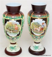 A Pair of Victorian Hand Painted Milk Glass Vases