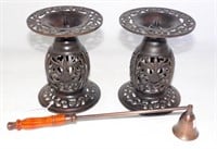 Oriental Pair of Cast Black Bronze Candle Holders