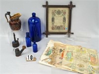 H-WROUGHT IRON PEG, MINER'S LANTERN, BOTTLES, ETC: