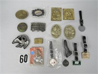 (16 PCS) BUCKLES, WATCH FOBS, BRASS FIRE PLAQUES: