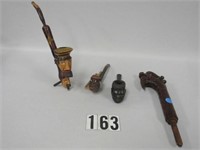 4 PCS. CARVED PIPES & CANE HANDLE: