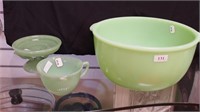 Three pieces of jadeite kitchenware: mixer bowl,